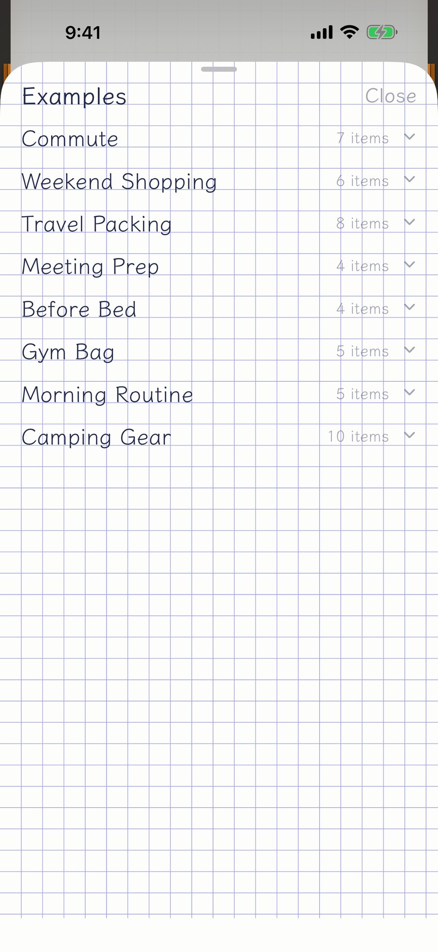 The list of examples, including Commute, Travel Packing, and Weekend Shopping