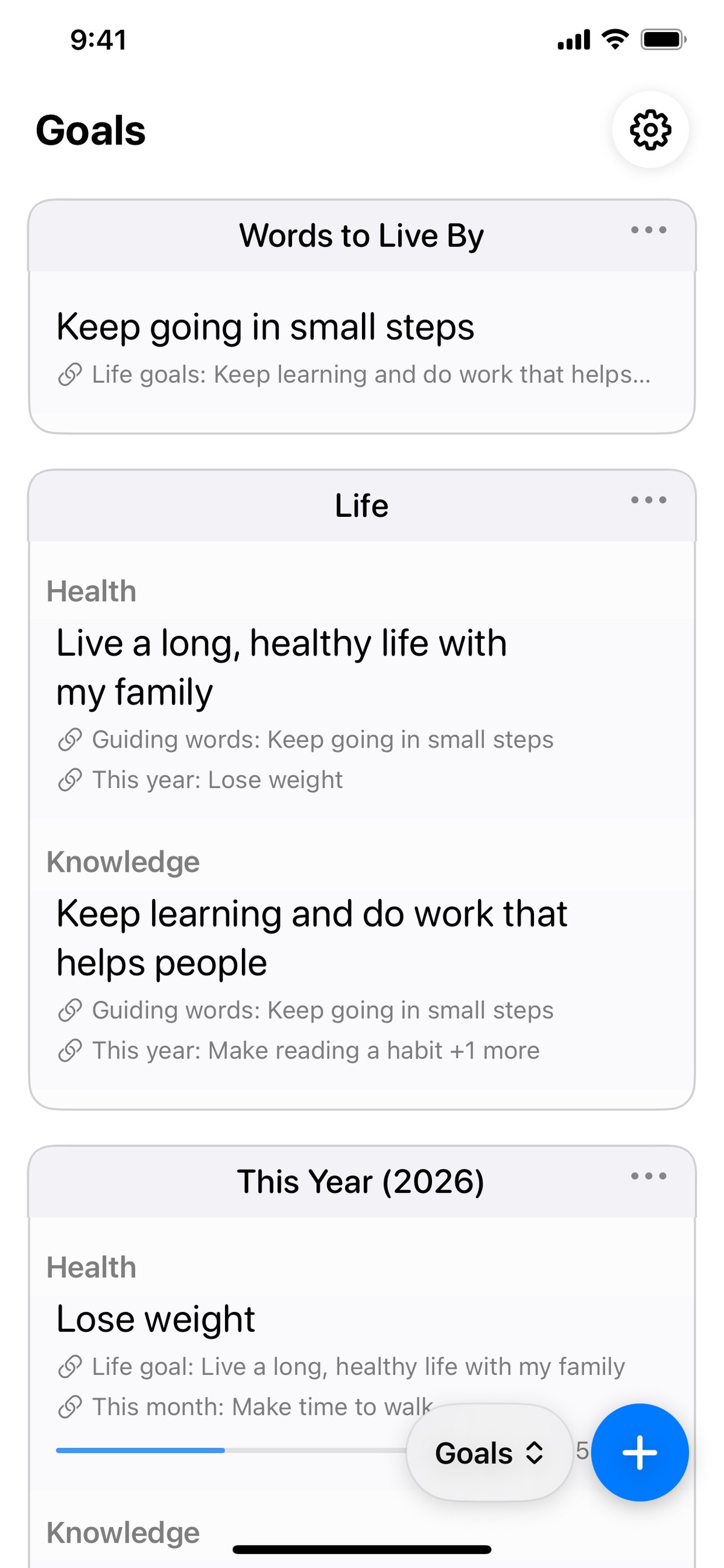 Words to Live By, life goals, this year's goals, and this month's goals, lined up from top to bottom