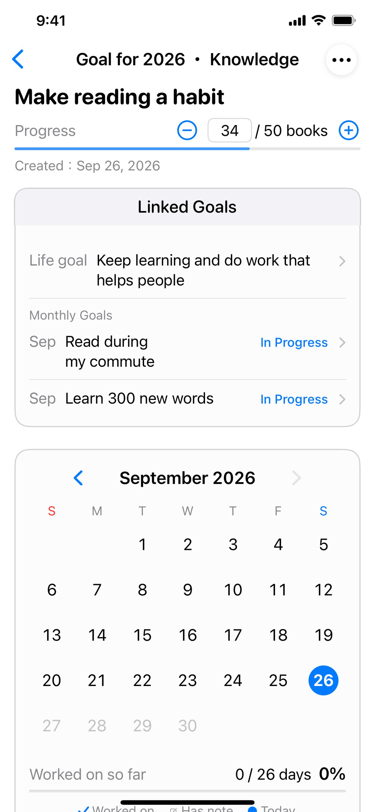 A goal's detail screen, showing the goal above it and a progress bar