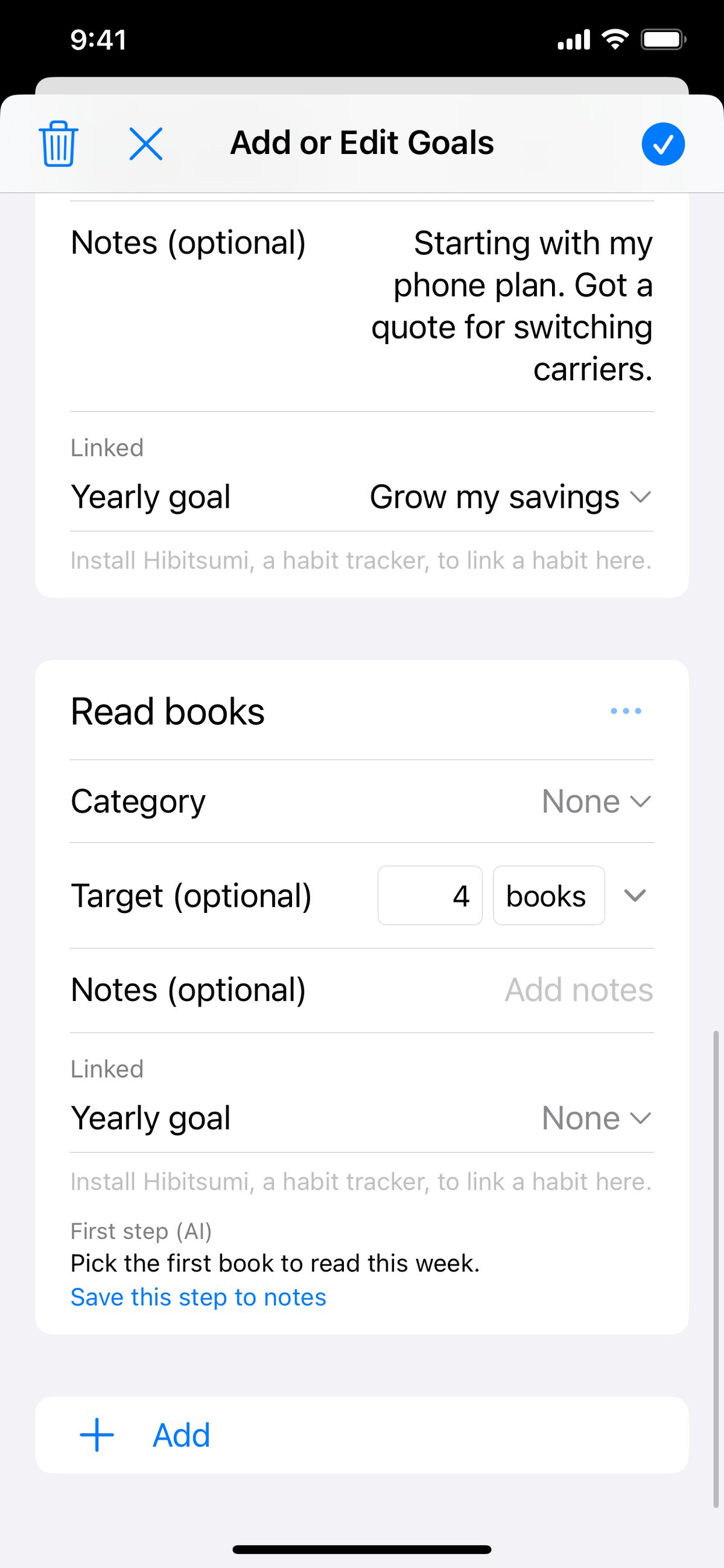 The screen for writing a goal, where you can choose the goal above it