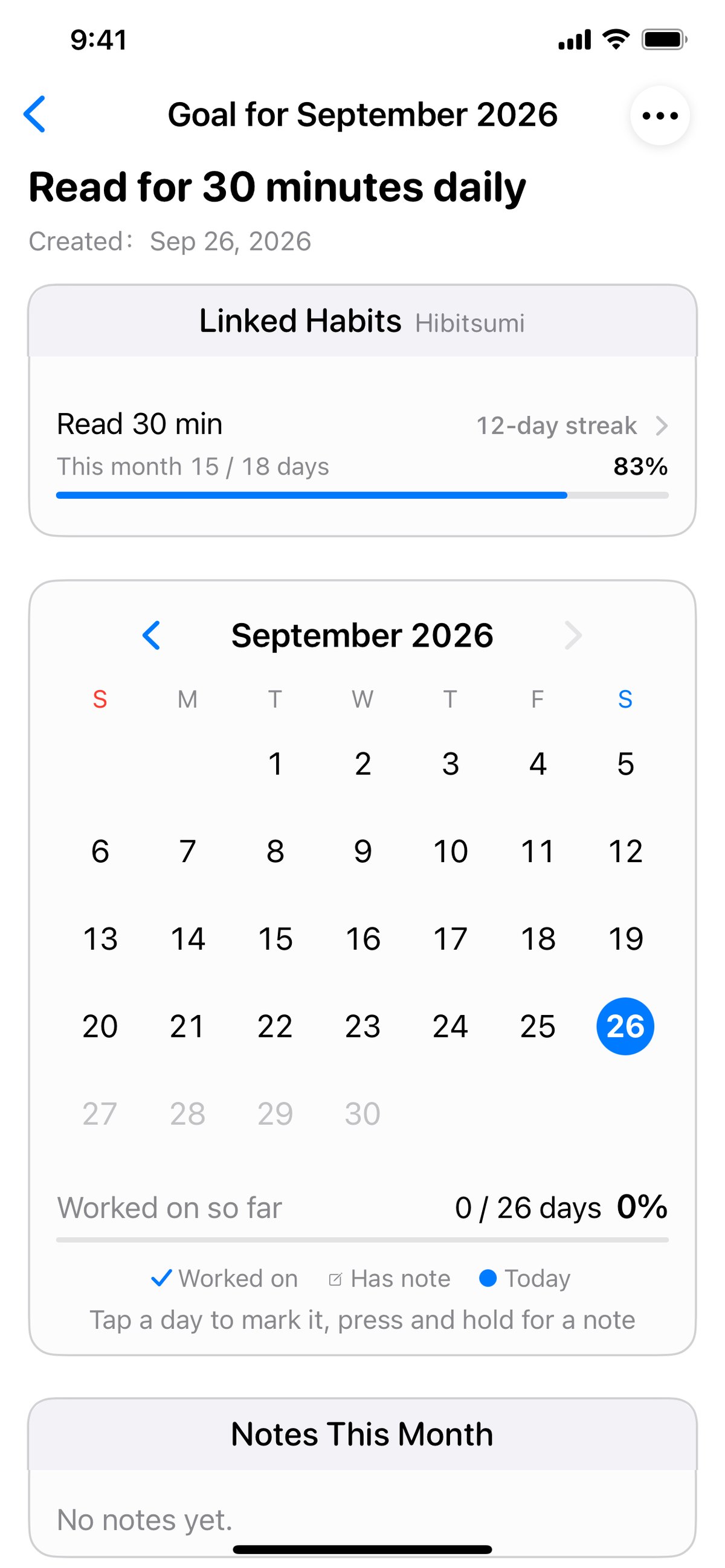 A goal showing the streak and completion rate of a linked habit