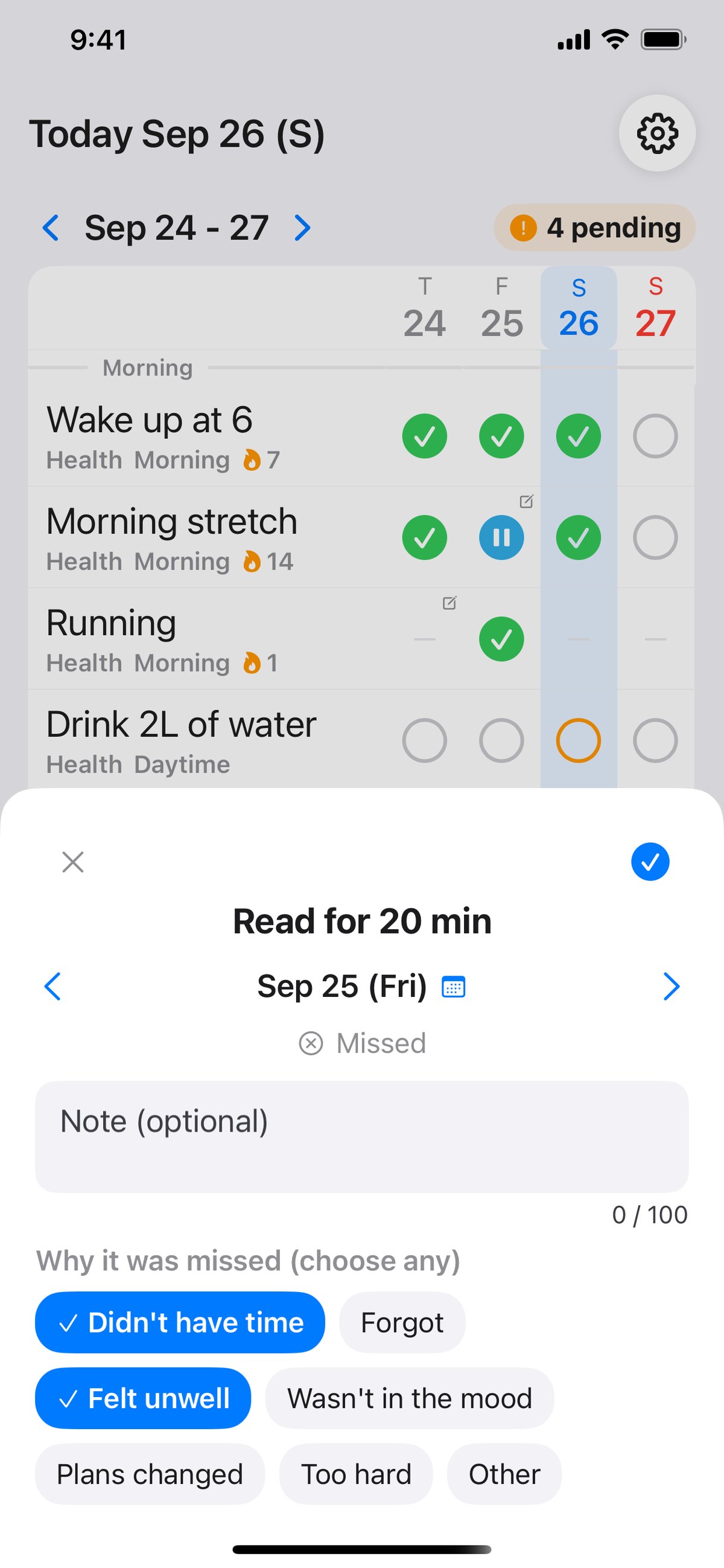 The screen for logging why you missed a day, with buttons like Didn't have time, Forgot, and Felt unwell, and a note field