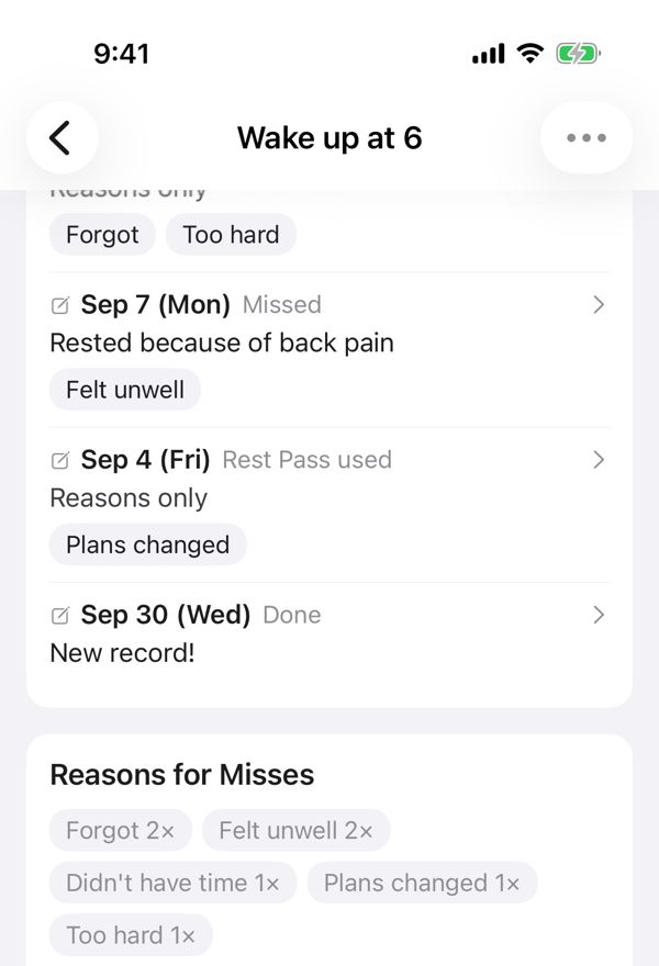A habit's page, with daily notes and reasons, and that month's Reasons for Misses below