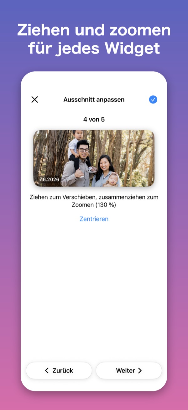 Der Bildschirm zum Anpassen des Ausschnitts im gleichen Rahmen wie das Widget