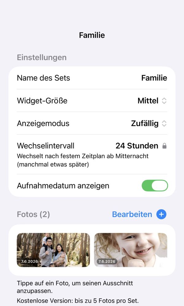 Die Einstellungen eines Fotosets mit eingeschaltetem „Aufnahmedatum anzeigen“, die Daten unten links bei den Fotos