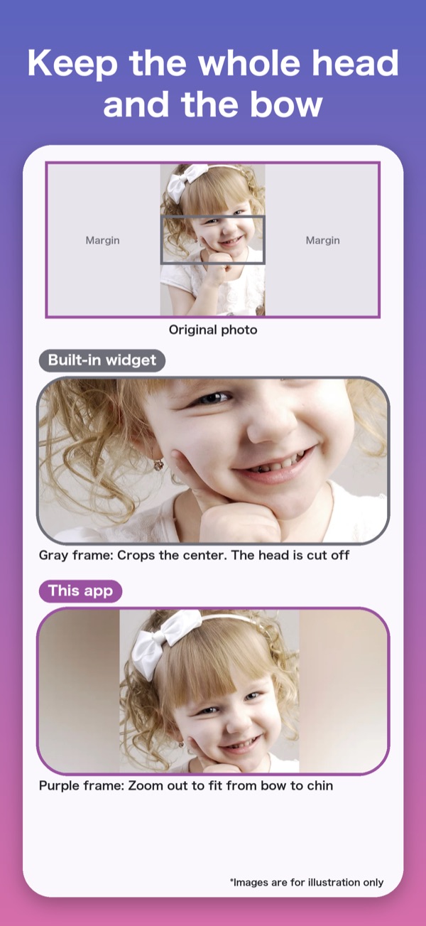 Comparison: the built-in Photos widget cuts off the girl's head, while this app zooms out to show the bow