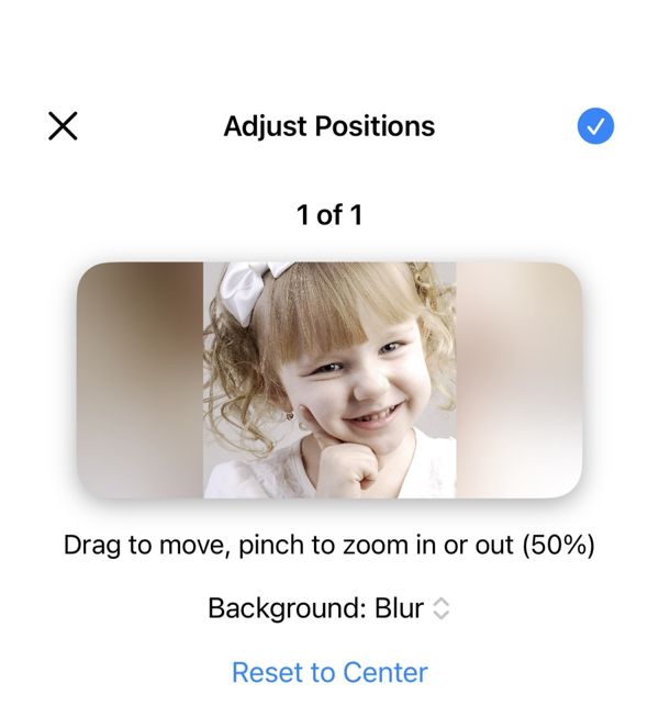 The framing screen: a portrait photo shrunk to 50% inside a wide frame, with Background: Blur below
