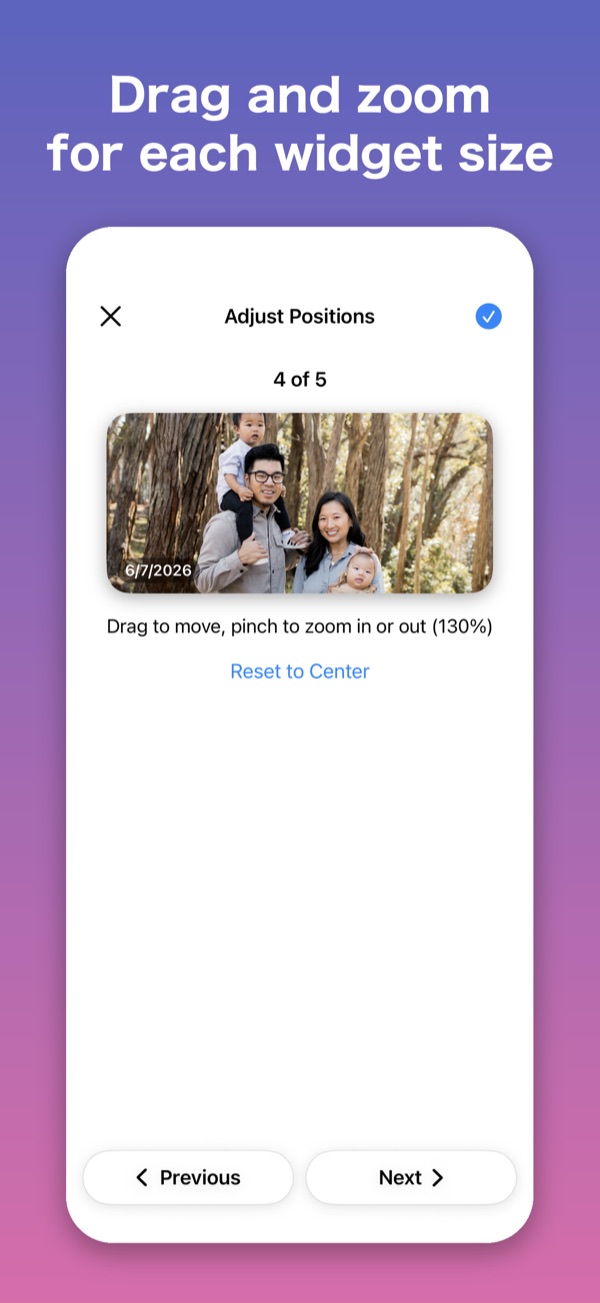 The screen for framing a photo inside the same frame as the widget