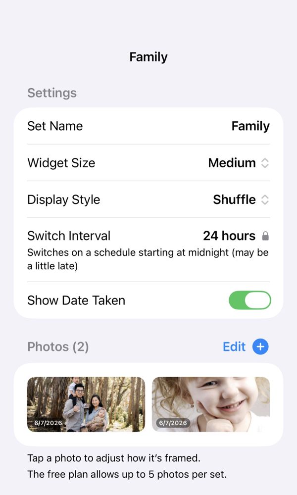 A photo set's settings with Show Date Taken turned on, and dates at the bottom left of the photos