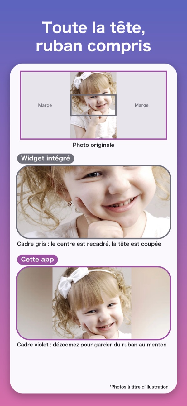 Comparaison : le widget intégré coupe la tête de la fillette, cette app dézoome pour montrer le nœud