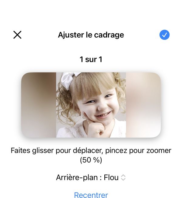 L'écran de cadrage : une photo verticale réduite à 50 % dans un cadre large, avec Arrière-plan : Flou en dessous
