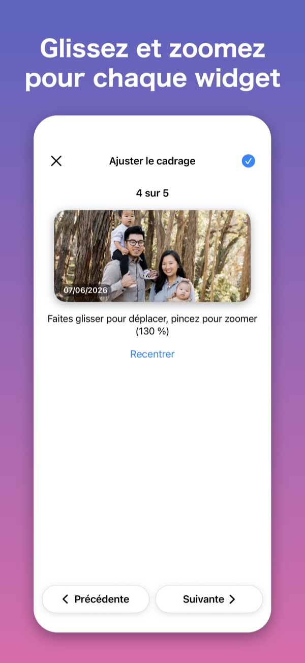 L'écran pour cadrer une photo dans le même cadre que le widget
