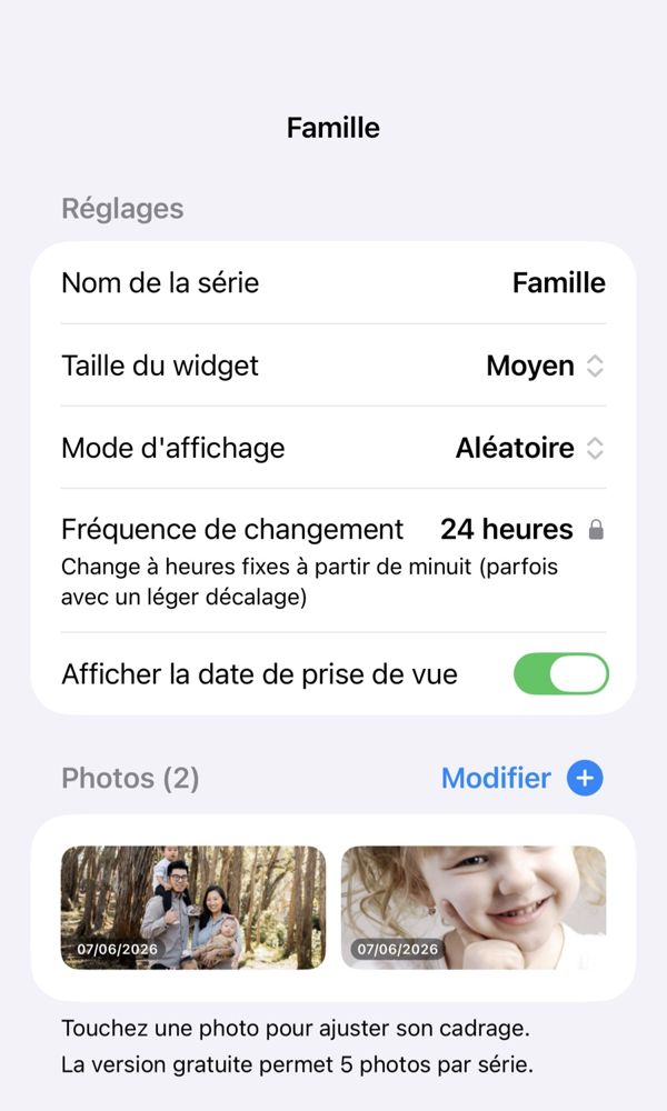 Les réglages d'une série avec « Afficher la date de prise de vue » activé, et les dates en bas à gauche des photos