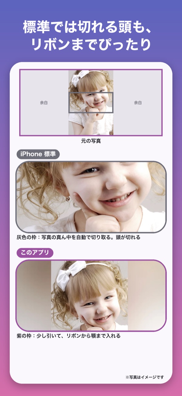 標準の写真ウィジェットでは頭が切れる写真を、このアプリでは縮めてリボンまで見せている比べた画像
