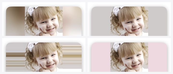 同じ写真の4つの埋め方。左上がぼかし、右上が単色（自動）、左下がふちを伸ばす、右下が色を選ぶ